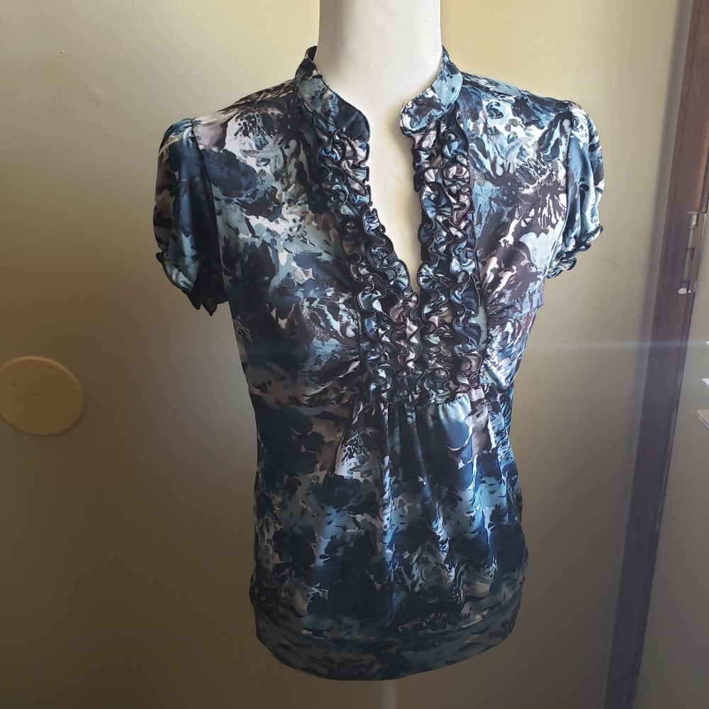 Black grey and blue floral blouse